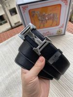 1:1  Hermes Black Leather Belt  with Silver"H" buckle Buckle with Unique Design 3.8cm